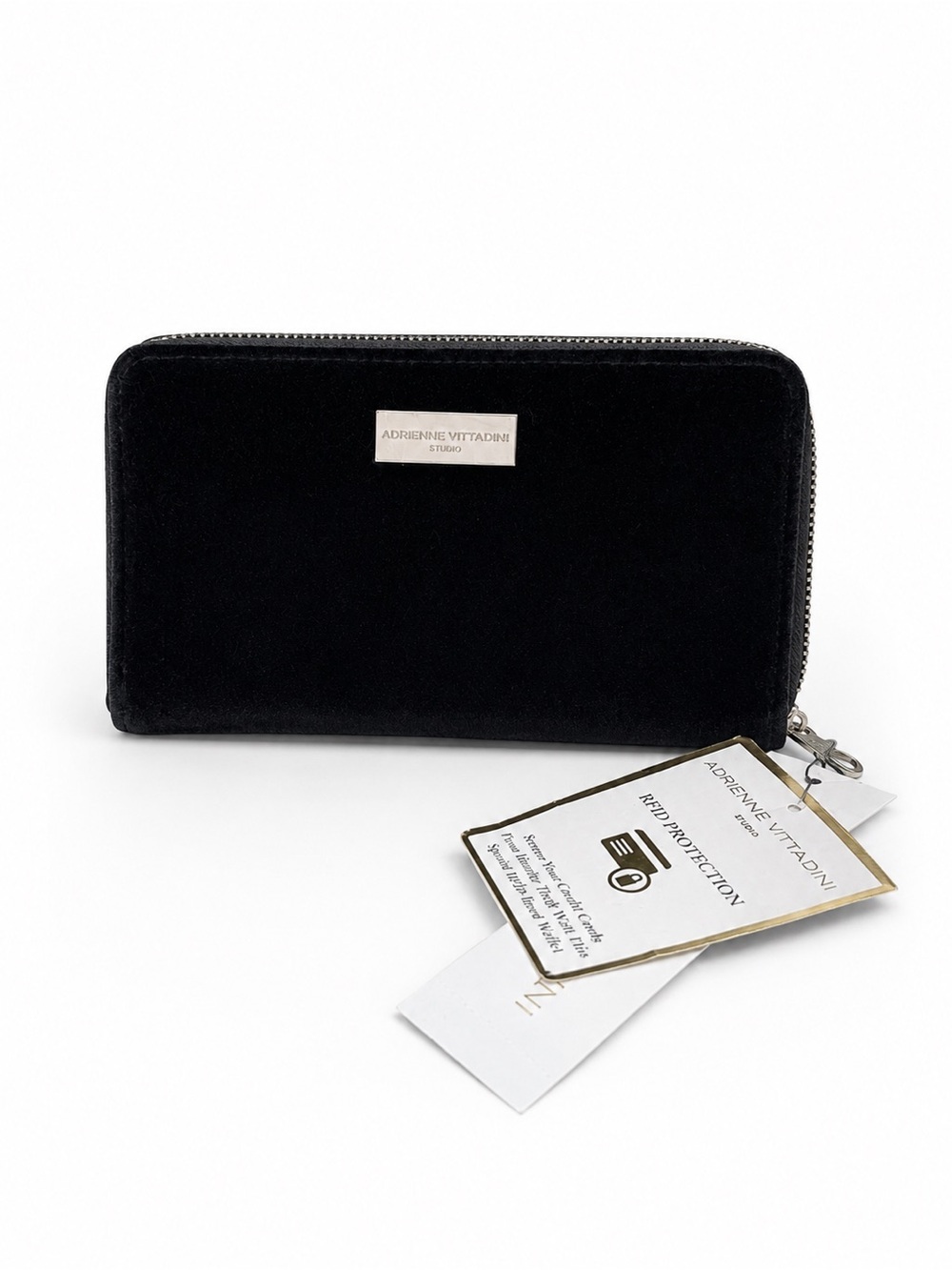 Adrienne Vittadini Black Velvet Zip Wallet with Metal Logo